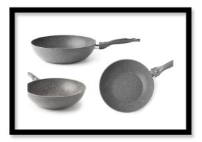 Set of frying pans on white background