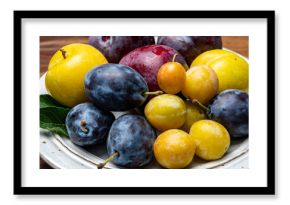 Sweet ripe red, purple, yellow mirabelle plums, healthy organic fruits close up