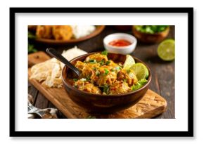 Indonesian meatballs served with sauce, lime, and crackers.