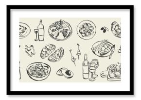 Italian food dishes and charcuterie in hand drawn whimsical style. Sketch chalk doodles of breakfast and dinner meals. Crayon drawing for menus and invitations. La dolce vita vector illustration