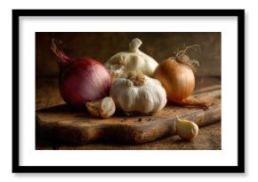 Vegetables onion and garlic on a cutting board