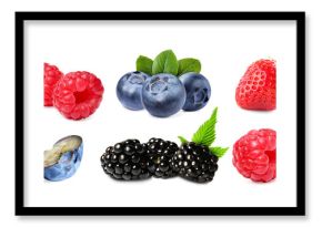 Various berries and green leaves isolated on white, set