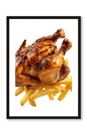 Juicy roasted whole roasted chicken placed on pile of French fries, isolated on white transparent background, concept of fast food