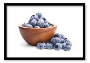 Many frozen blueberries in bowl isolated on white