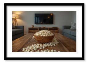 Snack bowl and a line stretching from the television set to the couch in the sitting room