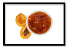 Tasty apricot jam in bowl and fresh fruit isolated on white, top view