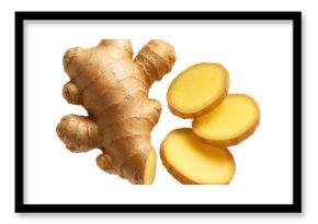 Fresh ginger root with vibrant yellow slices.