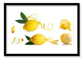 Fresh lemons with peels isolated on white, set. Citrus fruit