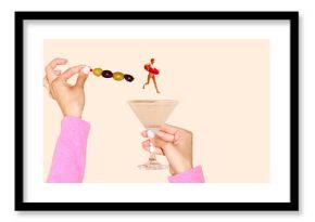 Surreal cocktail composition with olives skewer and miniature swimmer. Concept of food and beverage branding, summer tourism, art collages, and creative content marketing.