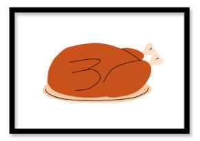 Chicken, whole roasted cooked poultry on plate. Festive grilled bird, traditional holiday turkey dish, dinner meal. Delicious fowl meat. Flat vector illustration isolated on white background