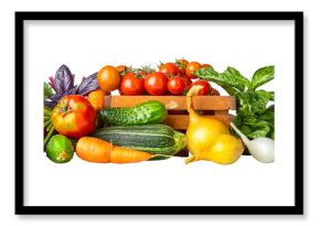 Fresh vegetables in rustic wooden box. Basil leaves, cucumbers, zuccini, carrots and tomatoes from the kitchen garden. Organic natural food. Isolated. PNG.