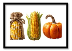 Fresh Corn and Pumpkin Set on Transparent Background for Design Use