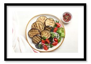 Grilled slices of eggplant with salad and peppercorns on white wooden table, top view