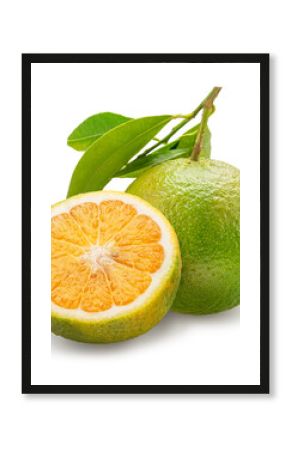 Green tangerine and cross section of tangerine fruit isolated on white background. File contains clipping paths.
