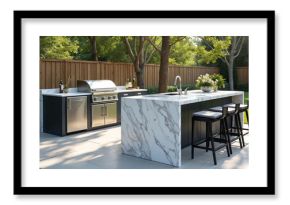 Modern outdoor kitchen features sleek marble island with stainless steel appliances, including grill, refrigerator. Three black metal bar stools with grey cushions offer seating around island,