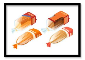 Isometric bread collection. Packaged white and brown loaves, fresh baguettes, sliced bread varieties. Different bakery products for grocery shopping. Vector illustration isolated on white