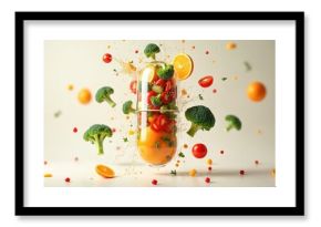 Conceptual image power of fruits, vegetables in capsule form. Contains orange, broccoli, tomatoes, cucumber. Fresh ingredients for better health. Healthy eating concept. Vitamins for immune,