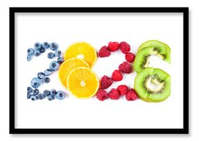 Mixed fruits. New year 2026 made of fruits on white background