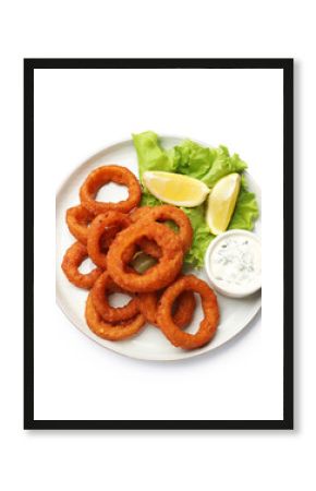 Fried squid rings, lemon, lettuce and sauce isolated on white, top view