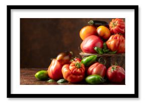 Different varieties of tomatoes on a brown background.