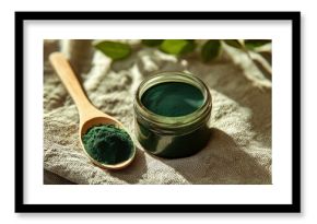 Green Spirulina Powder in Glass Jar With Wooden Spoon on Fabric Background