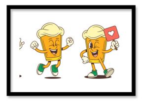 Playful beer mascot performing fun actions like jumping, winking, rocking, and leaning on skateboard while expressing humor and excitement through gestures and facial expressions. Vector illustration