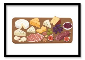 Assorted cheese and charcuterie board with grapes and figs on wooden platter