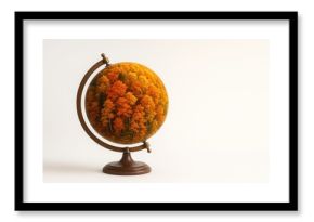 Globe filled with autumn forest on white background with soft lighting and empty space for text creative concept for education travel and ecology