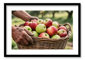 Farmer holding a wicker basket full of freshly harvested red and green apples covered with dew in an orchard on a sunny day