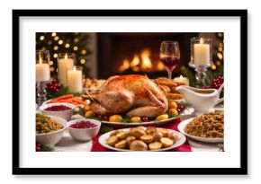 Christmas holiday dinner with roasted turkey, vegetables, side dishes, and wine served on decorated table near glowing fireplace.