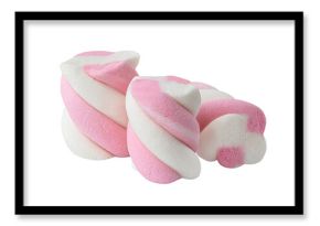 Marshmallows isolated on white background. Twisted  rainbow coloured marshmallow Candy closeup