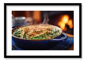 Delicious green bean casserole with crispy topping served in a blue dish, steaming hot, placed on a cozy table near a warm fireplace, inviting comfort food experience