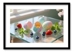 Cracked Pastel Eggs with Berries and Mint Leaves