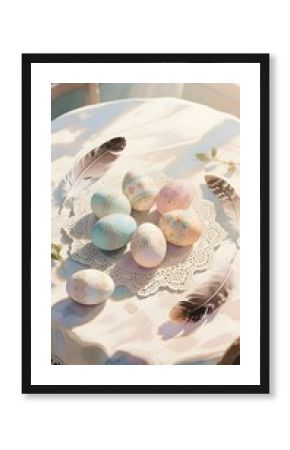 Delicate Floral Eggs and Feathers on a Lace Doily