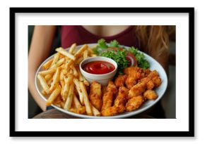 Delightful platter of crispy chicken tenders, golden fries, and fresh greens served in a cozy dining setting