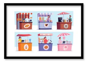 Urban food. Street mobile kiosks and vendor machines with junk food exact vector street food