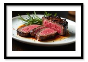 Perfectly plated, juicy ribeye steak, medium-rare cooked, served with savory sauce, rosemary sprig on white plate. Delicious beef meal, gourmet dinner, epicurean lunch. Rich texture, appealing