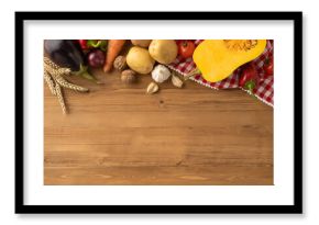 Various vegetables and grains organized neatly on a wooden table as part of a Thanksgiving celebration theme, symbolizing autumn harvest and the blessings of nature, rustic and warm setting