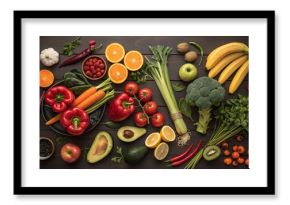 Colorful assortment of fresh fruits and vegetables including oranges, tomatoes, peppers, bananas, broccoli, and carrots arranged in a vibrant display. 