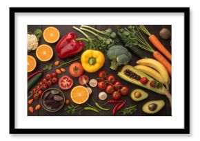 Colorful assortment of fresh fruits and vegetables including oranges, tomatoes, peppers, bananas, broccoli, and carrots arranged in a vibrant display. 