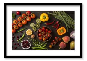 Colorful assortment of fresh fruits and vegetables including oranges, tomatoes, peppers, bananas, broccoli, and carrots arranged in a vibrant display. 