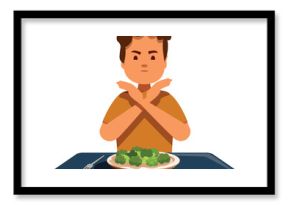 Child refusing to eat healthy vegetables crossing his arms, bad food diet for kids