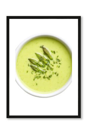 Top - down view of creamy pale green asparagus soup in a white bowl garnished with asparagus spears and fresh herbs Healthy and delicious