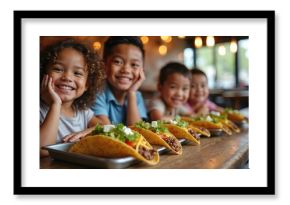 Joyful children smile at tacos in casual eatery. Group enjoys delicious mexican meal together. Youngsters share tasty food, making happy memories. Friends dine, celebrate, laugh, enjoying lunch,