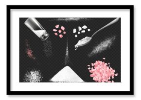 Sea salt powder. Pink and white salt grains with spoon, salt shaker. Scattered salty kitchen natural mineral, spice pile, food ingredient. Vector realistic isolated set.