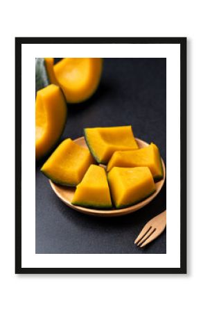 Steamed Japanese pumpkin or Kabocha on plate ready to eating, Healthy food
