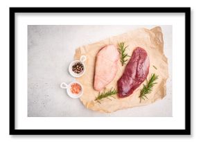 Preparation for cooking raw duck breast with ingredients on white background, top view. Space for text. High quality photo