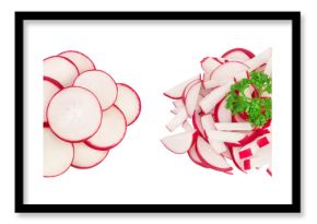 Radish slices isolated on white background. Top view. Flat lay