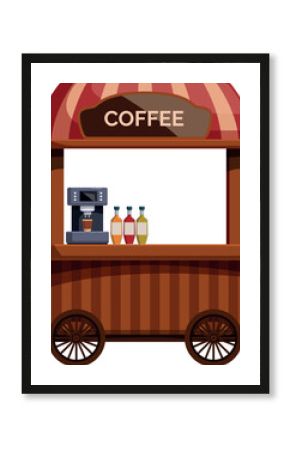 Wooden street food cart serving coffee, with coffee machine and syrups