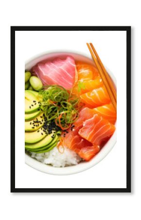 PNG Sashimi Rice Bowl chopsticks seafood meal.